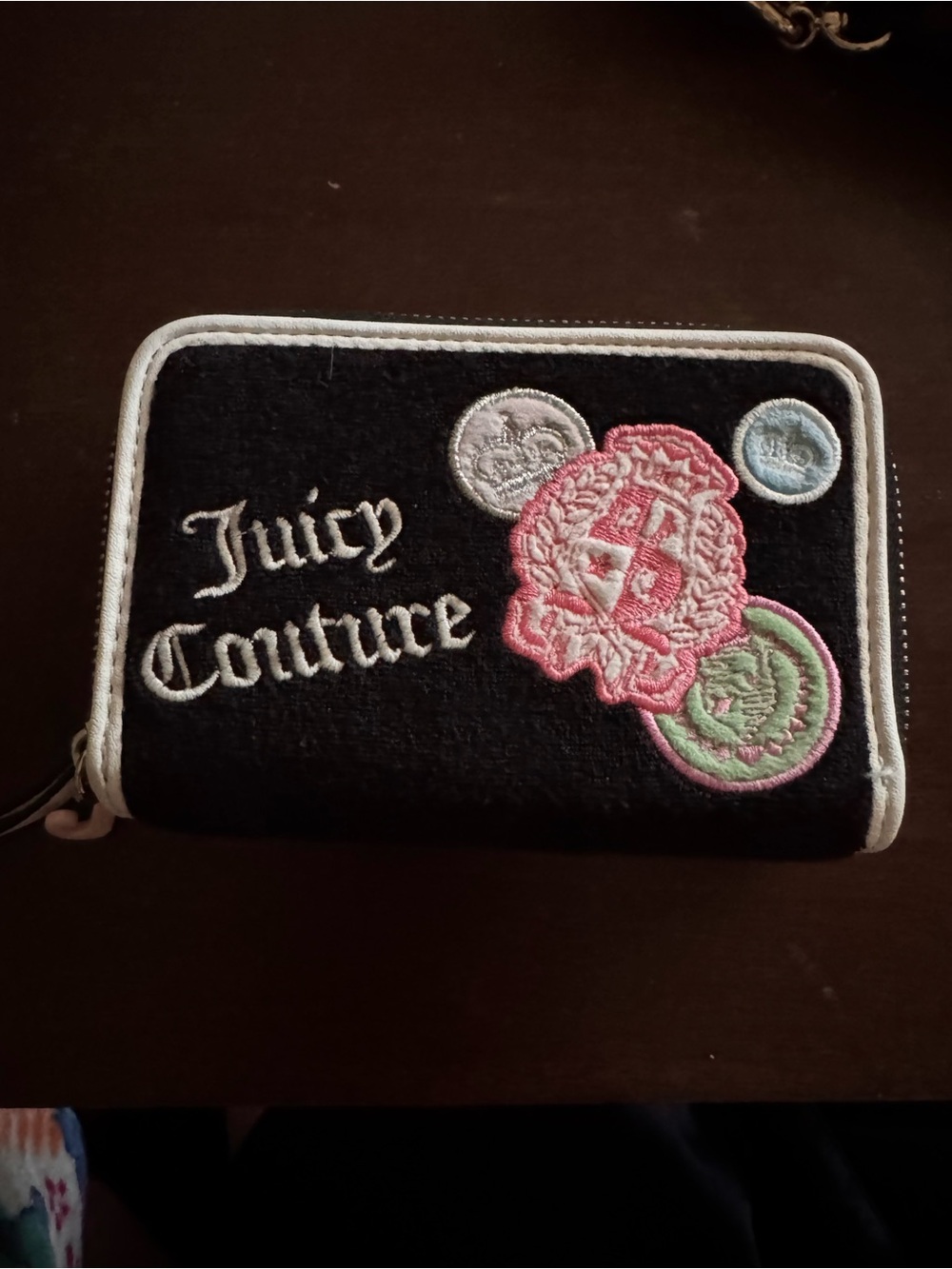 Juicy Couture Black Zip Wallet with Pink, Green & White Embroidery